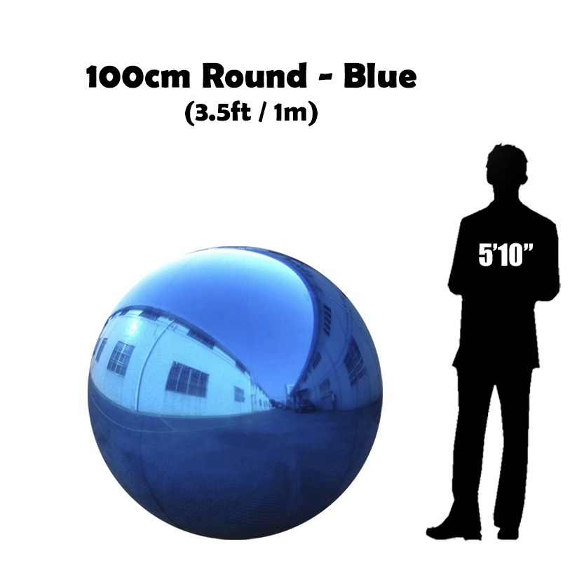 100 cm Big Blue ball beside 5'10 guy silhouette