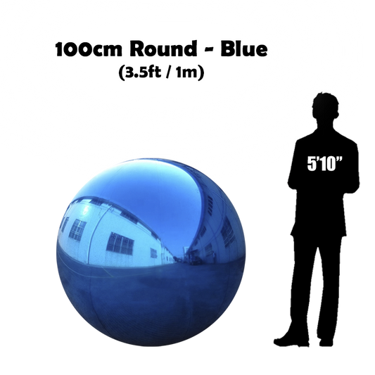 100 cm Big Blue ball beside 5'10 guy silhouette