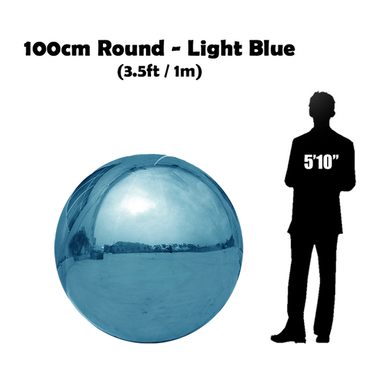 100 cm Big light blue ball beside 5'10 guy silhouette