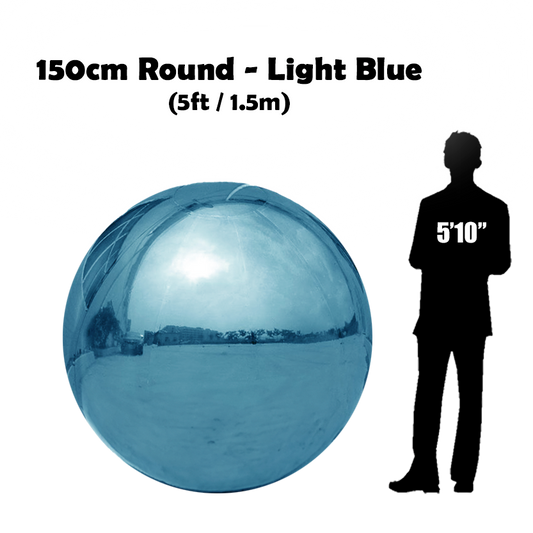 150 cm Big light blue ball beside 5'10 guy silhouette