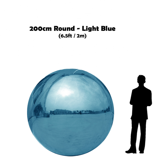200 cm Big light blue ball beside 5'10 guy silhouette