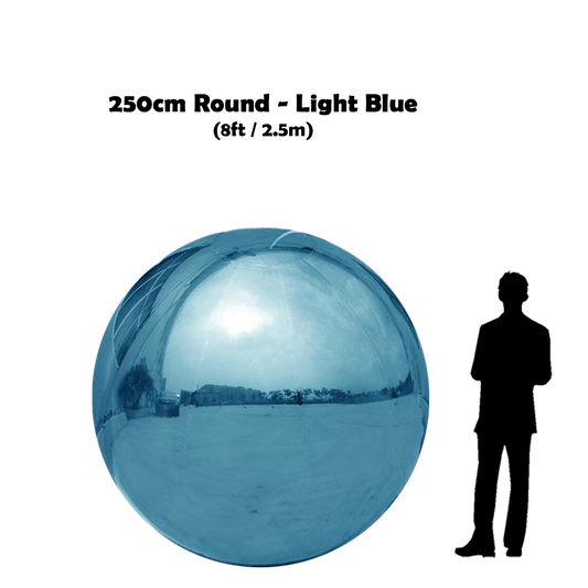 250 cm Big light blue ball beside 5'10 guy silhouette