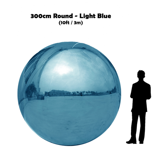 300 cm Big light blue ball beside 5'10 guy silhouette