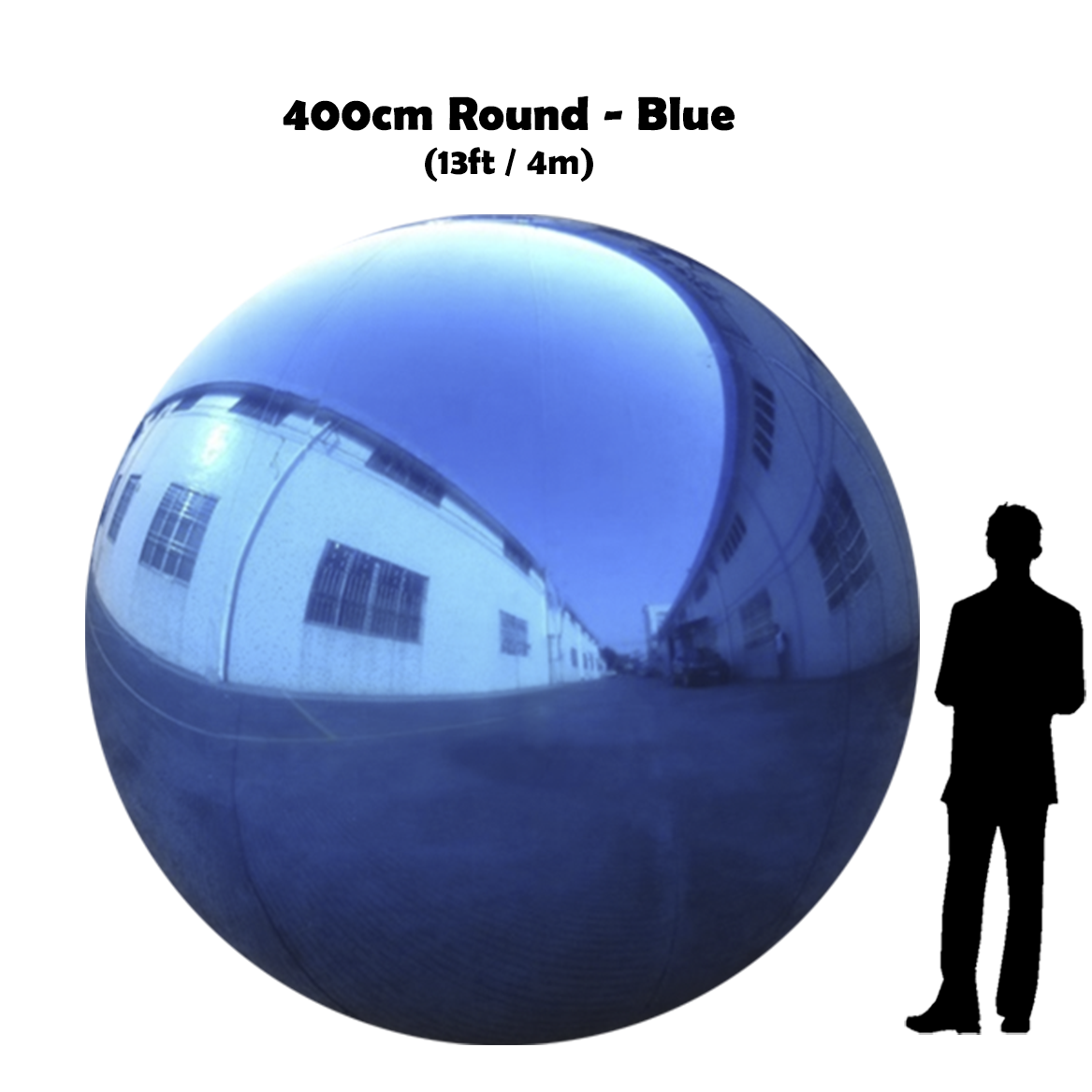 400 cm Big blue ball beside 5'10 guy silhouette