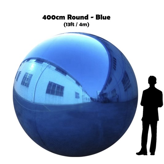 400 cm Big blue ball beside 5'10 guy silhouette