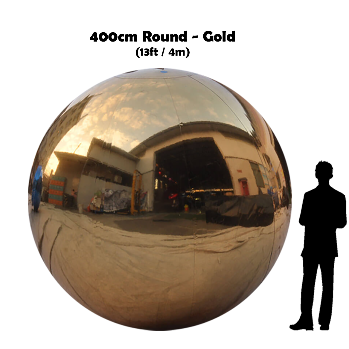 400cm Big gold ball beside 5'10 guy silhouette