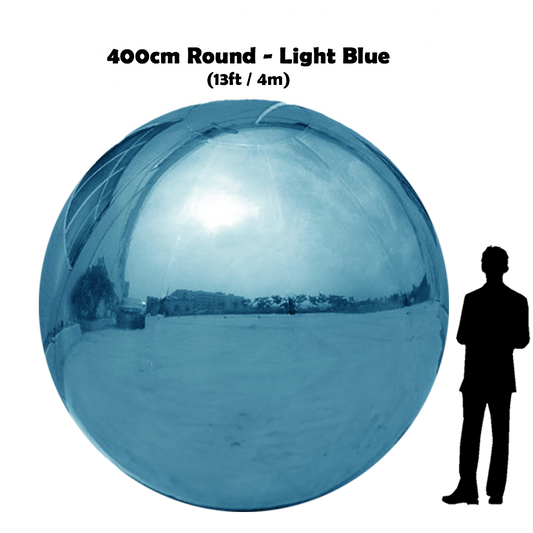 400 cm Big light blue ball beside 5'10 guy silhouette