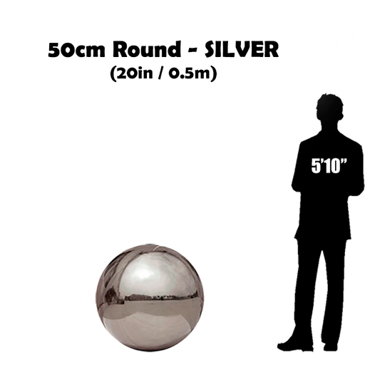 50cm Big silver ball beside 5'10 guy silhouette
