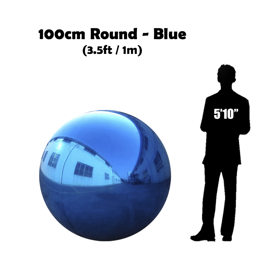 100 cm Big Blue ball beside 5'10 guy silhouette 