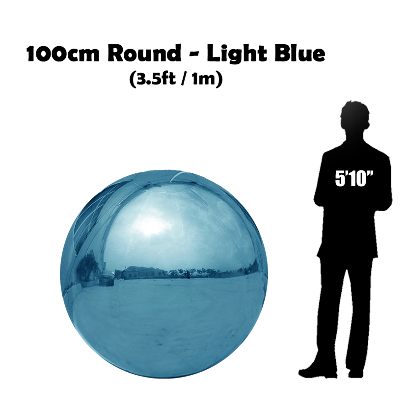 100 cm Big light blue ball beside 5'10 guy silhouette 