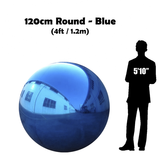 120 cm Big Blue ball beside 5'10 guy silhouette 