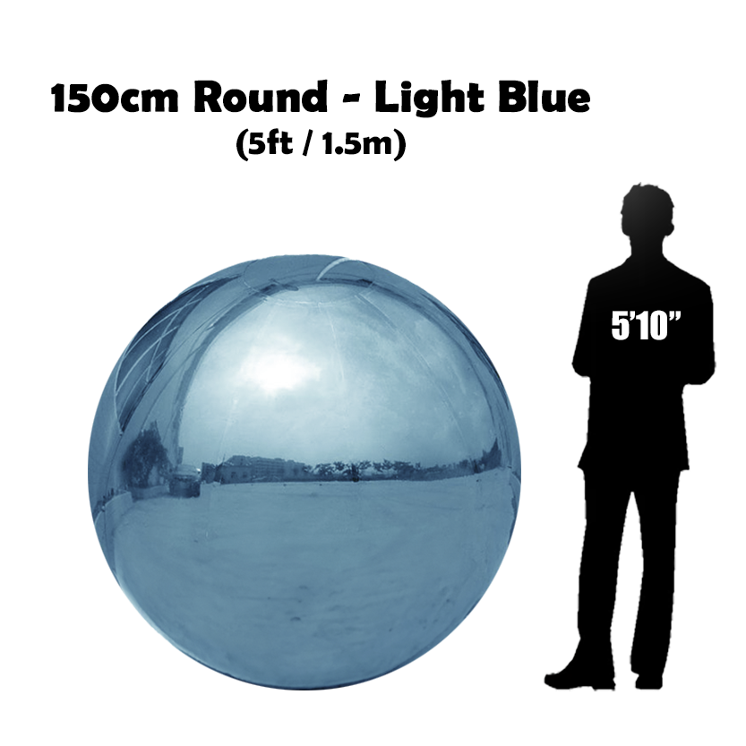 150 cm Big light blue ball beside 5'10 guy silhouette 