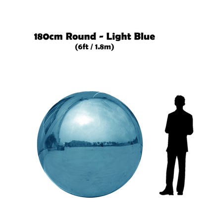 180 cm Big light blue ball beside 5'10 guy silhouette 
