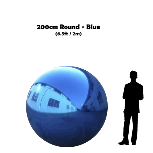 200 cm Big Blue ball beside 5'10 guy silhouette 