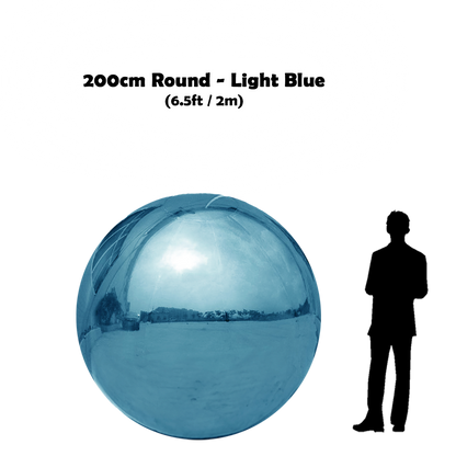 200 cm Big light blue ball beside 5'10 guy silhouette 