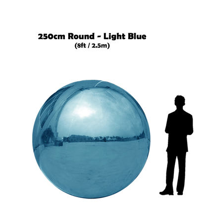 250 cm Big light blue ball beside 5'10 guy silhouette 