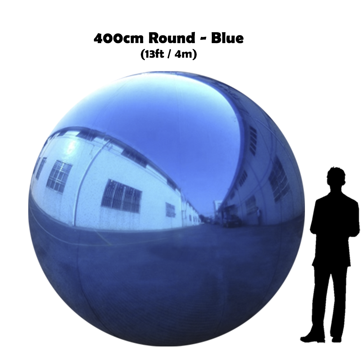 400 cm Big blue ball beside 5'10 guy silhouette 