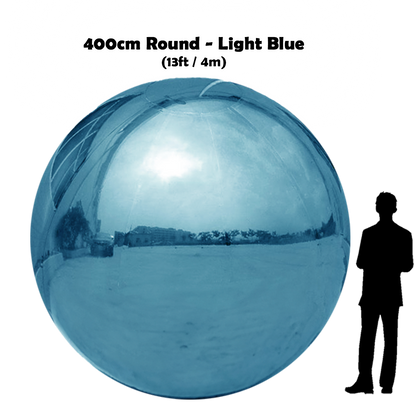 400 cm Big light blue ball beside 5'10 guy silhouette 