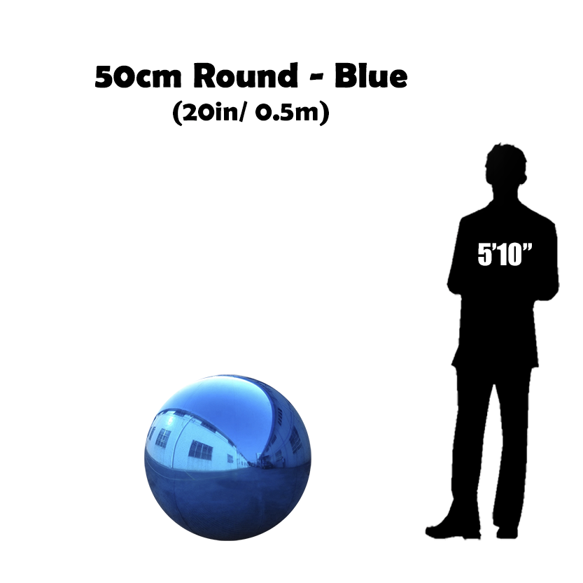 50 cm Big Blue ball beside 5'10 guy silhouette 