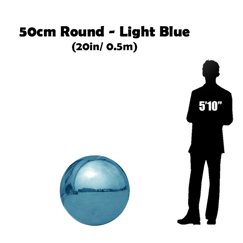 50 cm Big Light blue ball beside 5'10 guy silhouette 