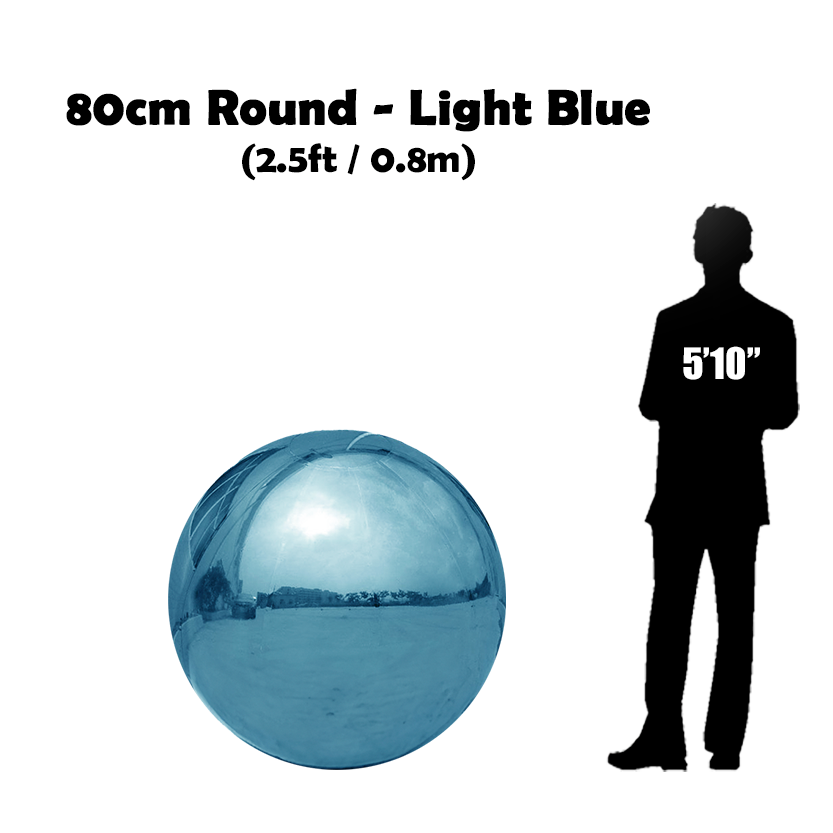 80 cm Big light blue ball beside 5'10 guy silhouette 